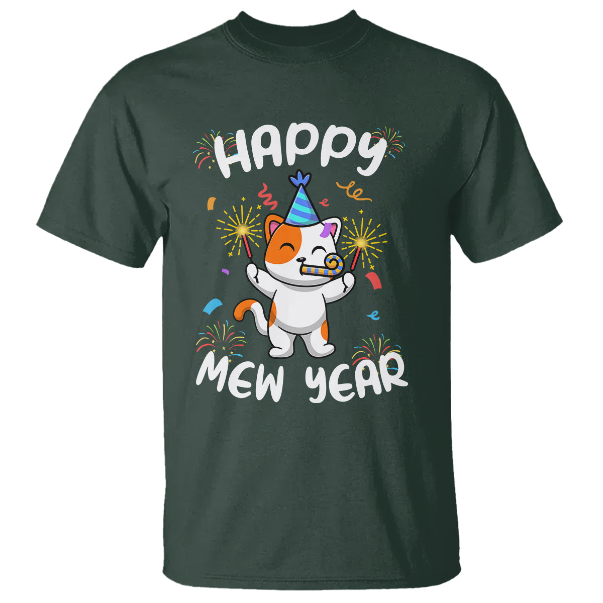 Happy Mew Year Funny Cat New Years Eve Party Firework T Shirt - Wonder Print Shop