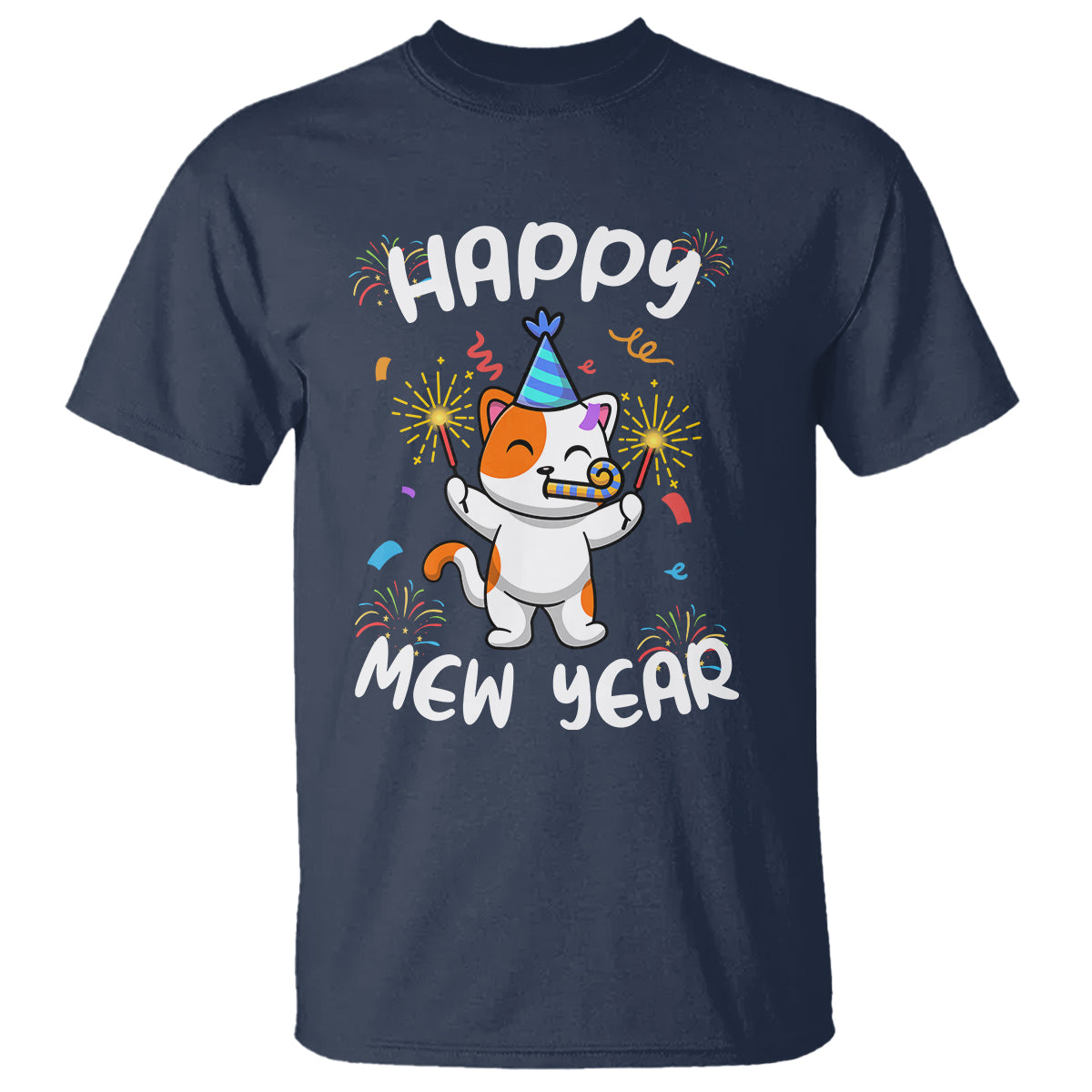 Happy Mew Year Funny Cat New Years Eve Party Firework T Shirt - Wonder Print Shop