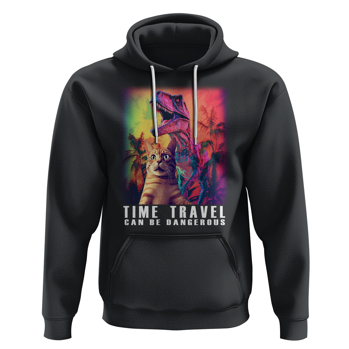 Selfie Cat Time Travel Can Be Dangerous Dinosaur Funny Hoodie - Wonder Print Shop