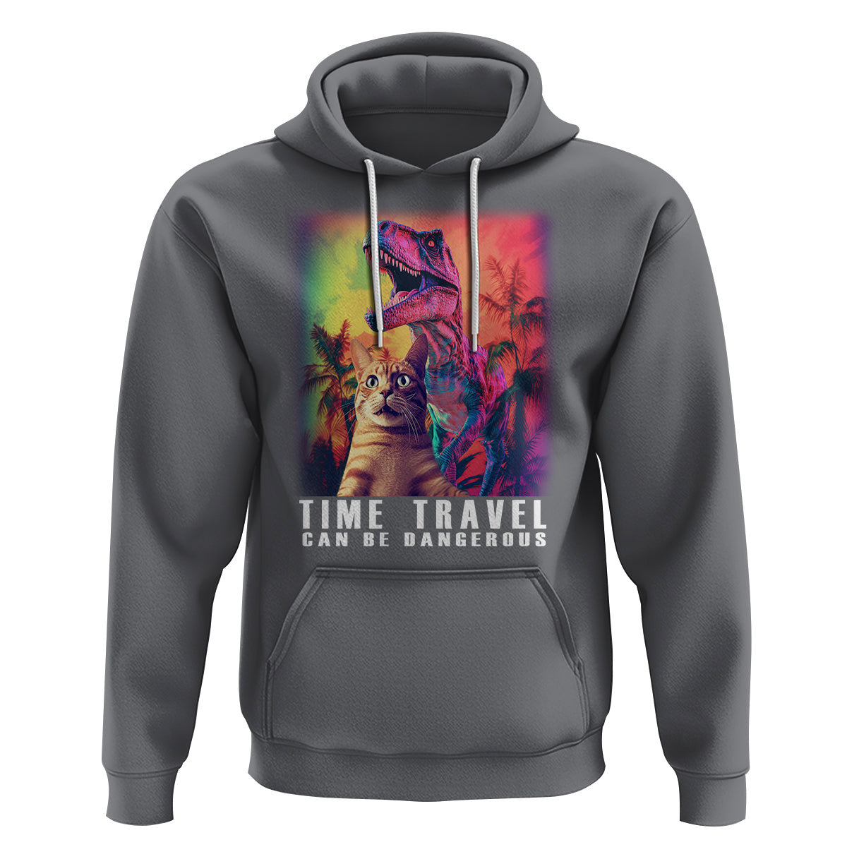 Selfie Cat Time Travel Can Be Dangerous Dinosaur Funny Hoodie - Wonder Print Shop