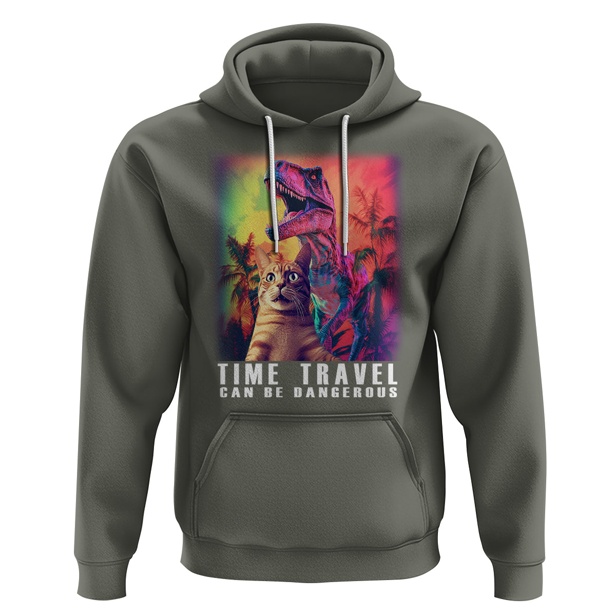 Selfie Cat Time Travel Can Be Dangerous Dinosaur Funny Hoodie - Wonder Print Shop