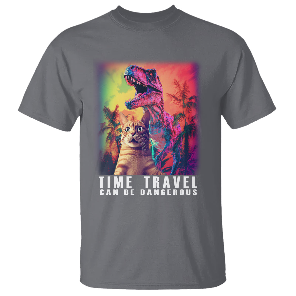 Selfie Cat Time Travel Can Be Dangerous Dinosaur Funny T Shirt - Wonder Print Shop