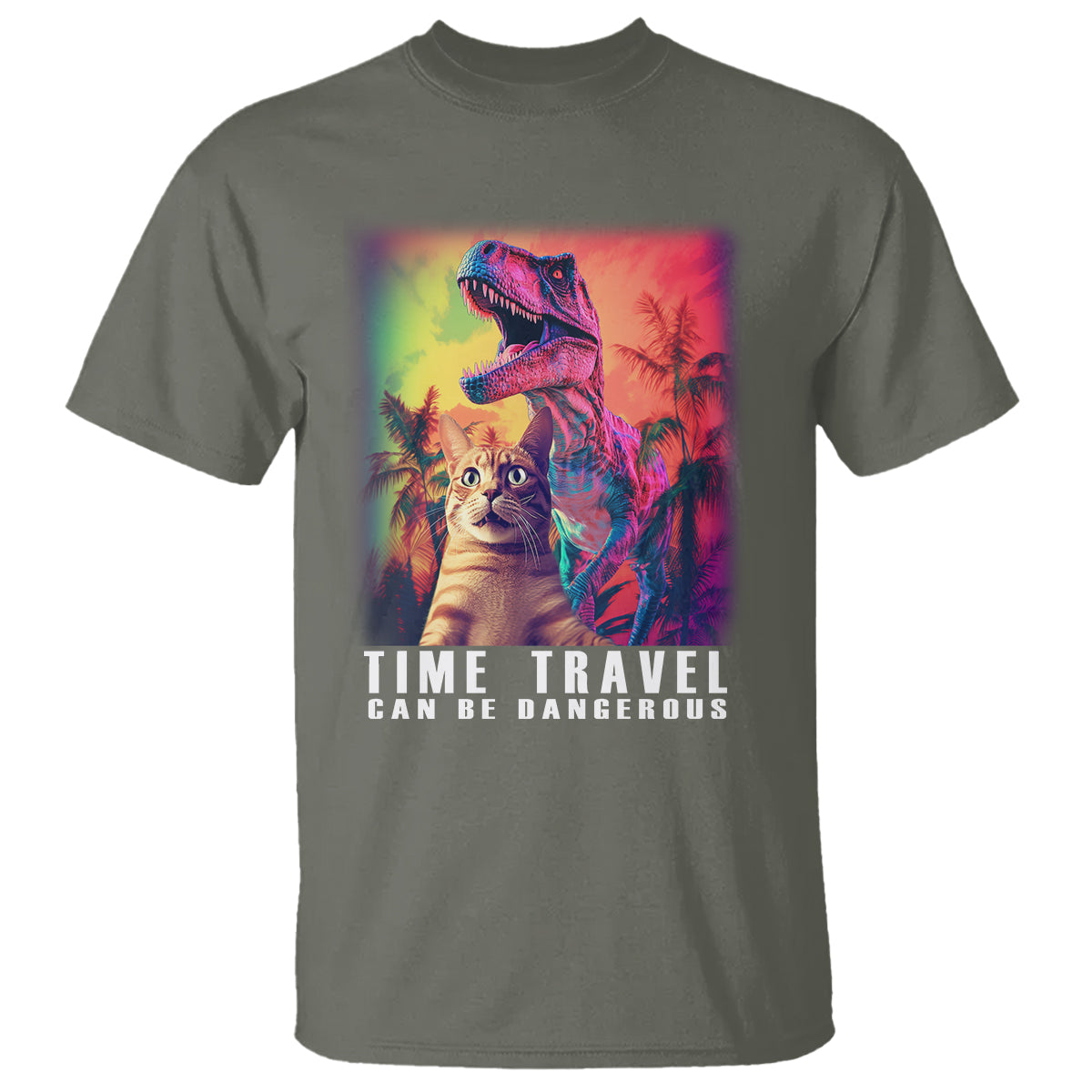 Selfie Cat Time Travel Can Be Dangerous Dinosaur Funny T Shirt - Wonder Print Shop