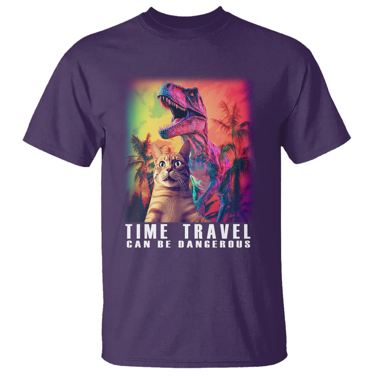Selfie Cat Time Travel Can Be Dangerous Dinosaur Funny T Shirt - Wonder Print Shop