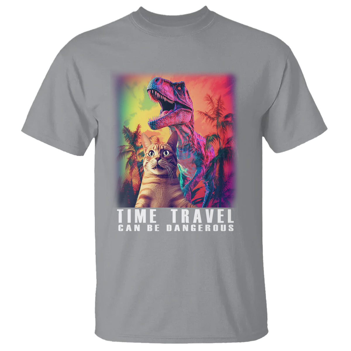 Selfie Cat Time Travel Can Be Dangerous Dinosaur Funny T Shirt - Wonder Print Shop