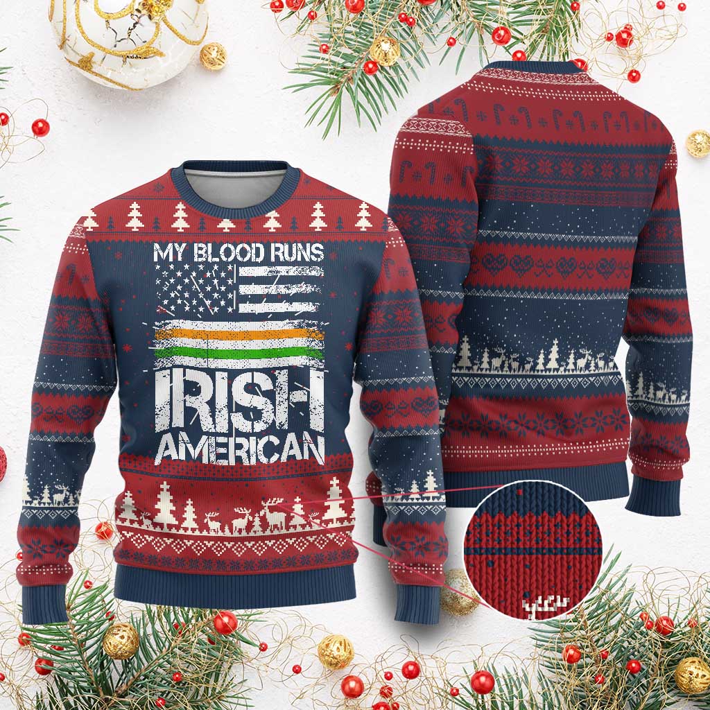 Irish American Pride Knitted Sweatshirt My Blood Runs Ireland America Flag