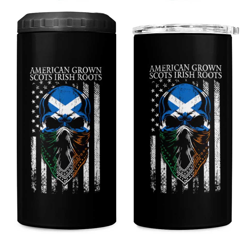 American Grown With Scots Irish Roots 4 in 1 Can Cooler Tumbler American Ulster Scots Skull Flag