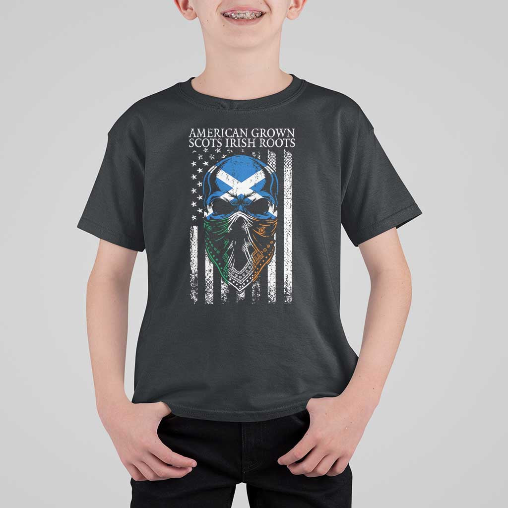 American Grown With Scots Irish Roots T Shirt For Kid American Ulster Scots Skull Flag