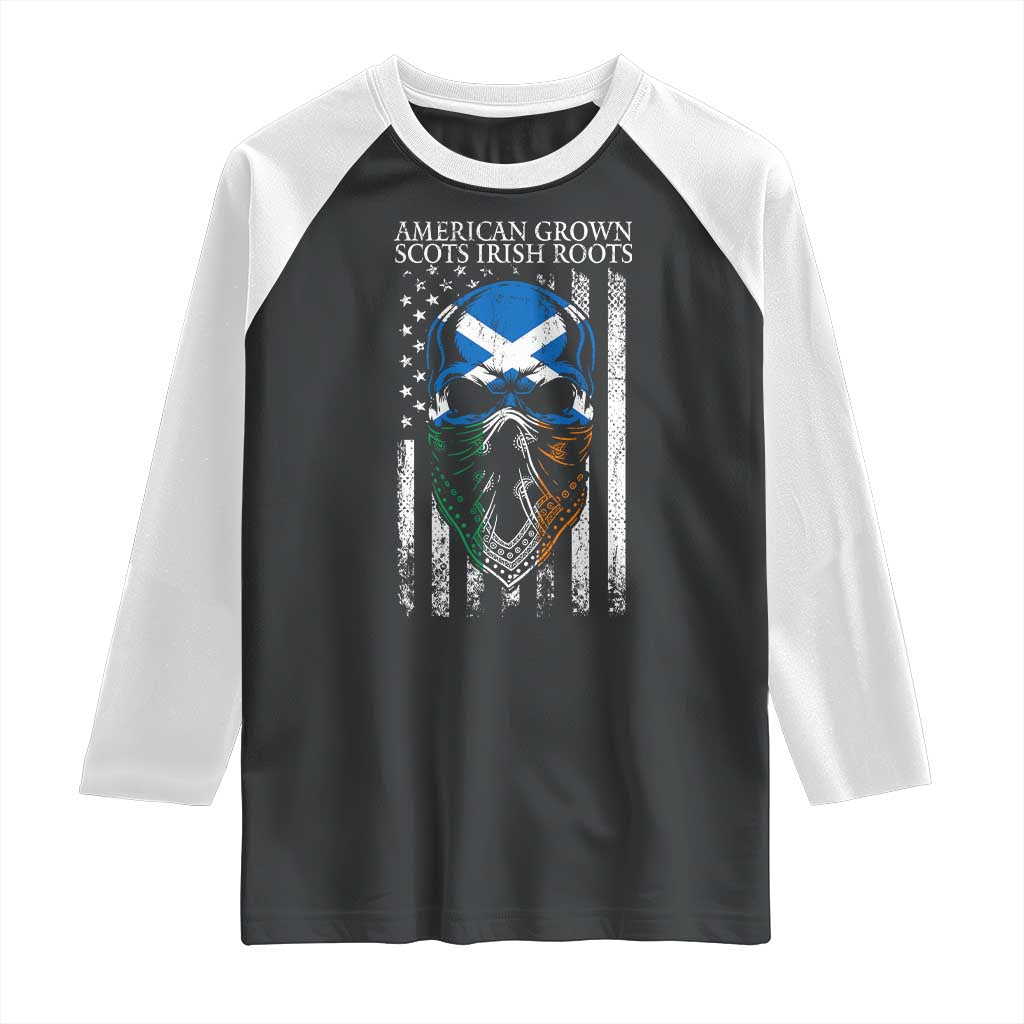American Grown With Scots Irish Roots Raglan Shirt American Ulster Scots Skull Flag