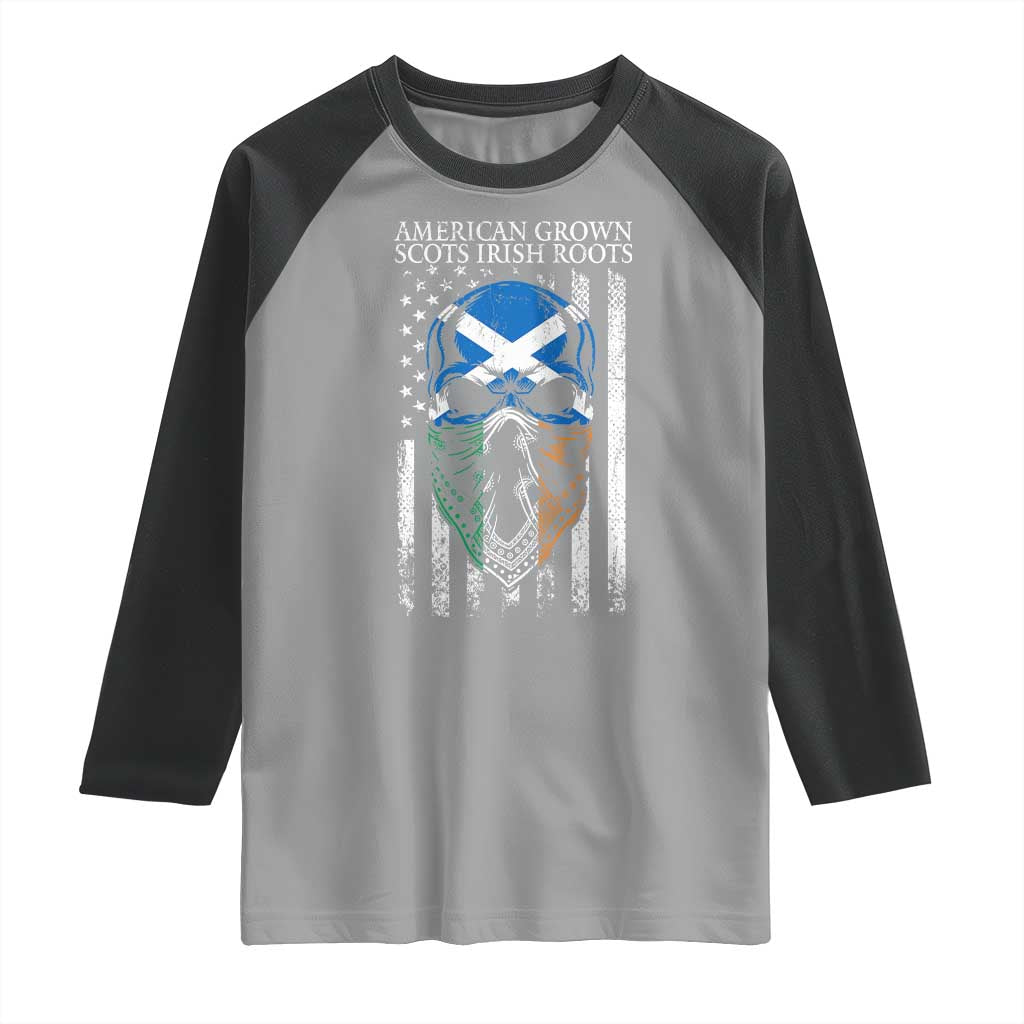 American Grown With Scots Irish Roots Raglan Shirt American Ulster Scots Skull Flag