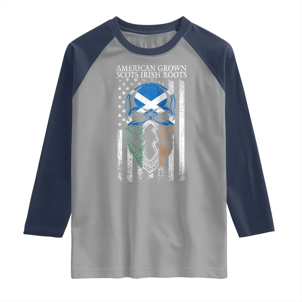 American Grown With Scots Irish Roots Raglan Shirt American Ulster Scots Skull Flag