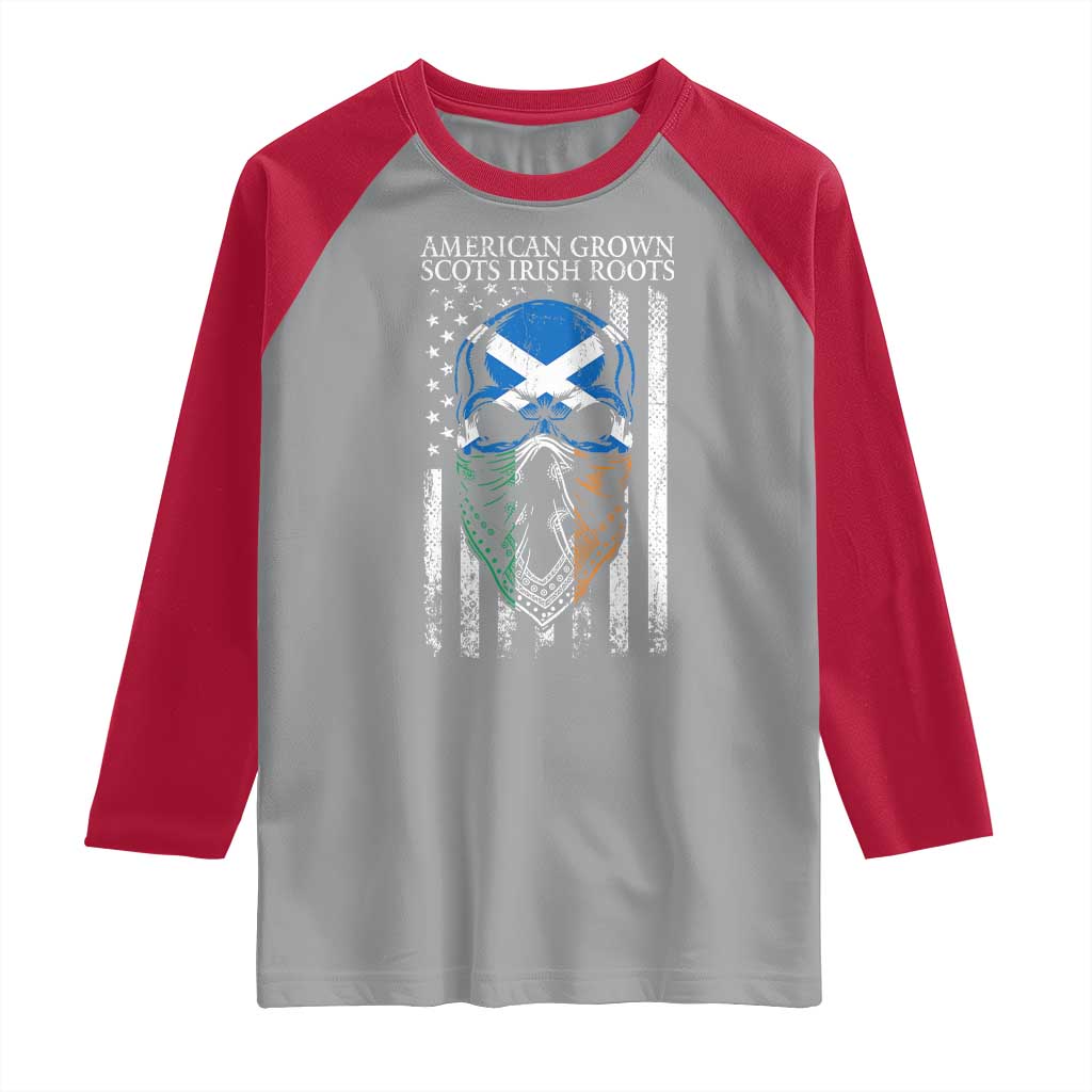 American Grown With Scots Irish Roots Raglan Shirt American Ulster Scots Skull Flag