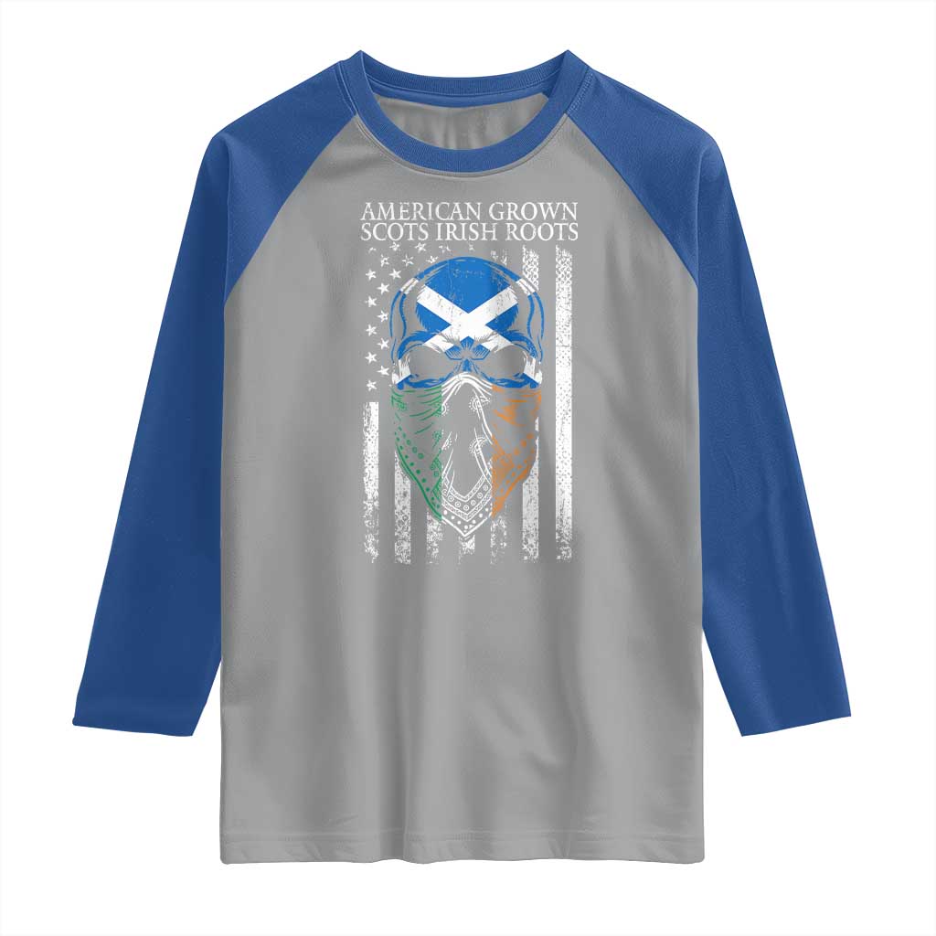 American Grown With Scots Irish Roots Raglan Shirt American Ulster Scots Skull Flag