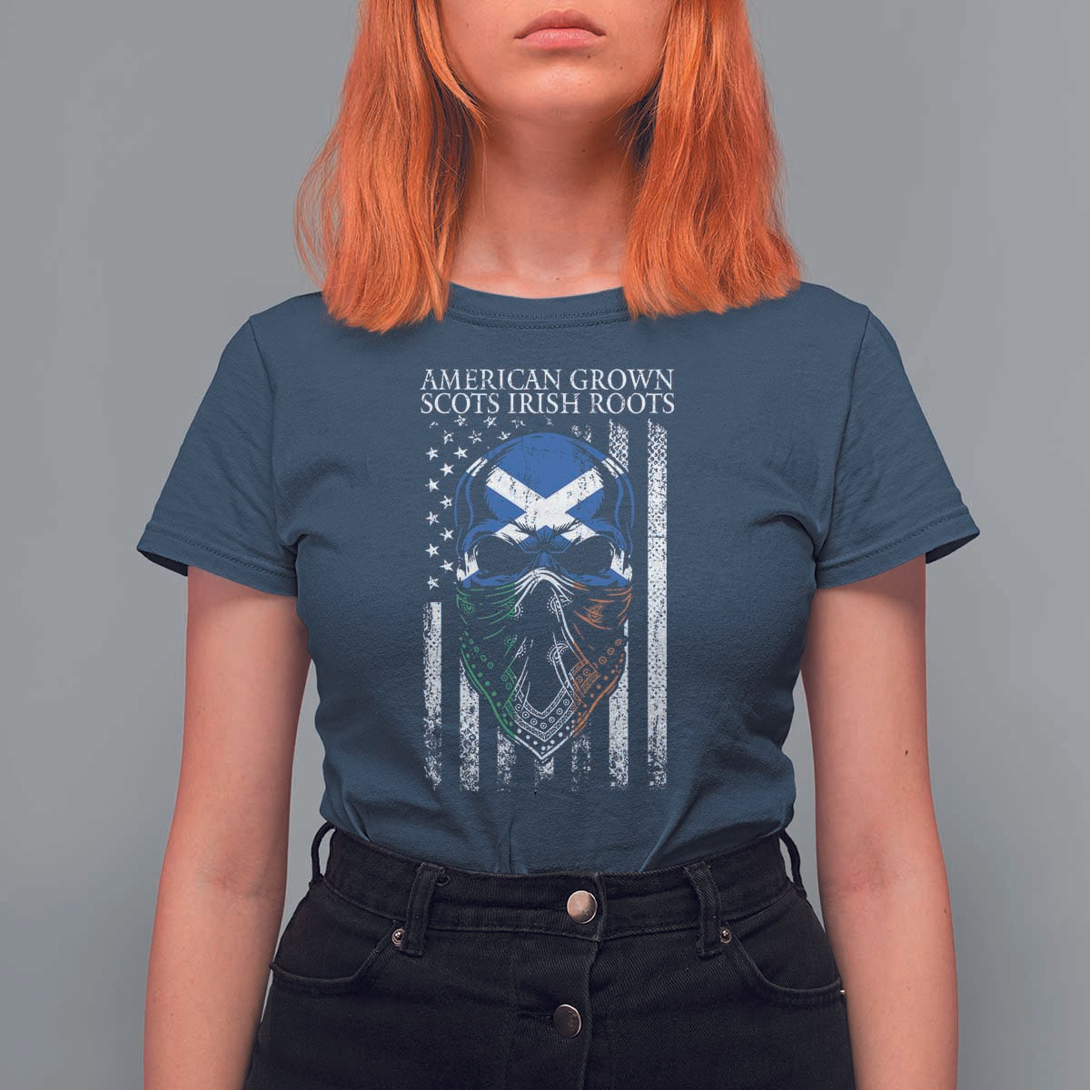 American Grown With Scots Irish Roots T Shirt For Women American Ulster Scots Skull Flag