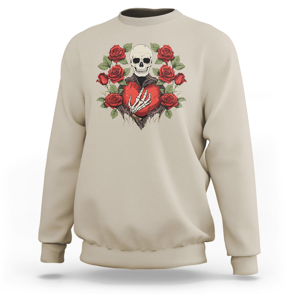 Valentine's Day Sweatshirt Skeleton Hand Heart Sign Red Rose Flower Gothic - Wonder Print Shop