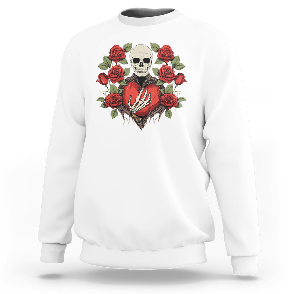 Valentine's Day Sweatshirt Skeleton Hand Heart Sign Red Rose Flower Gothic - Wonder Print Shop