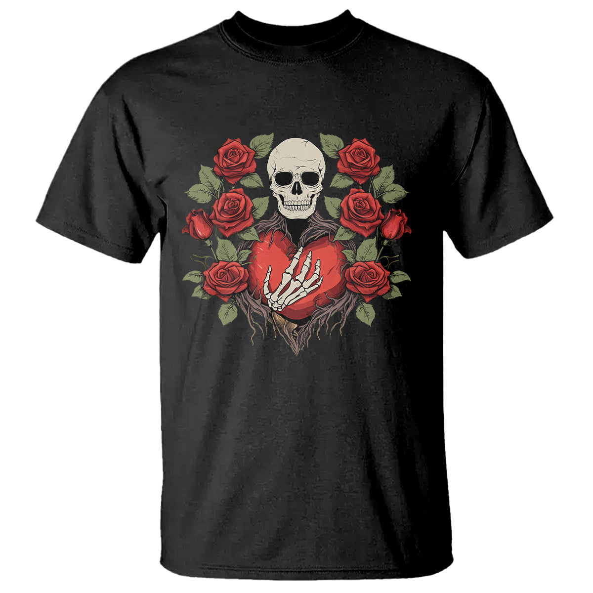 Valentine's Day T Shirt Skeleton Hand Heart Sign Red Rose Flower Gothic - Wonder Print Shop