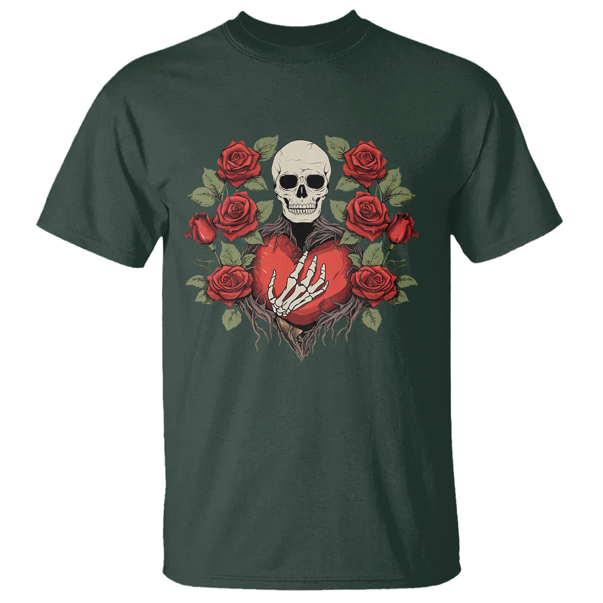 Valentine's Day T Shirt Skeleton Hand Heart Sign Red Rose Flower Gothic - Wonder Print Shop