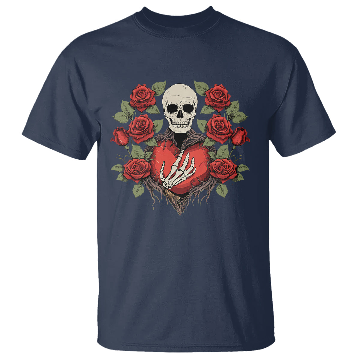 Valentine's Day T Shirt Skeleton Hand Heart Sign Red Rose Flower Gothic - Wonder Print Shop
