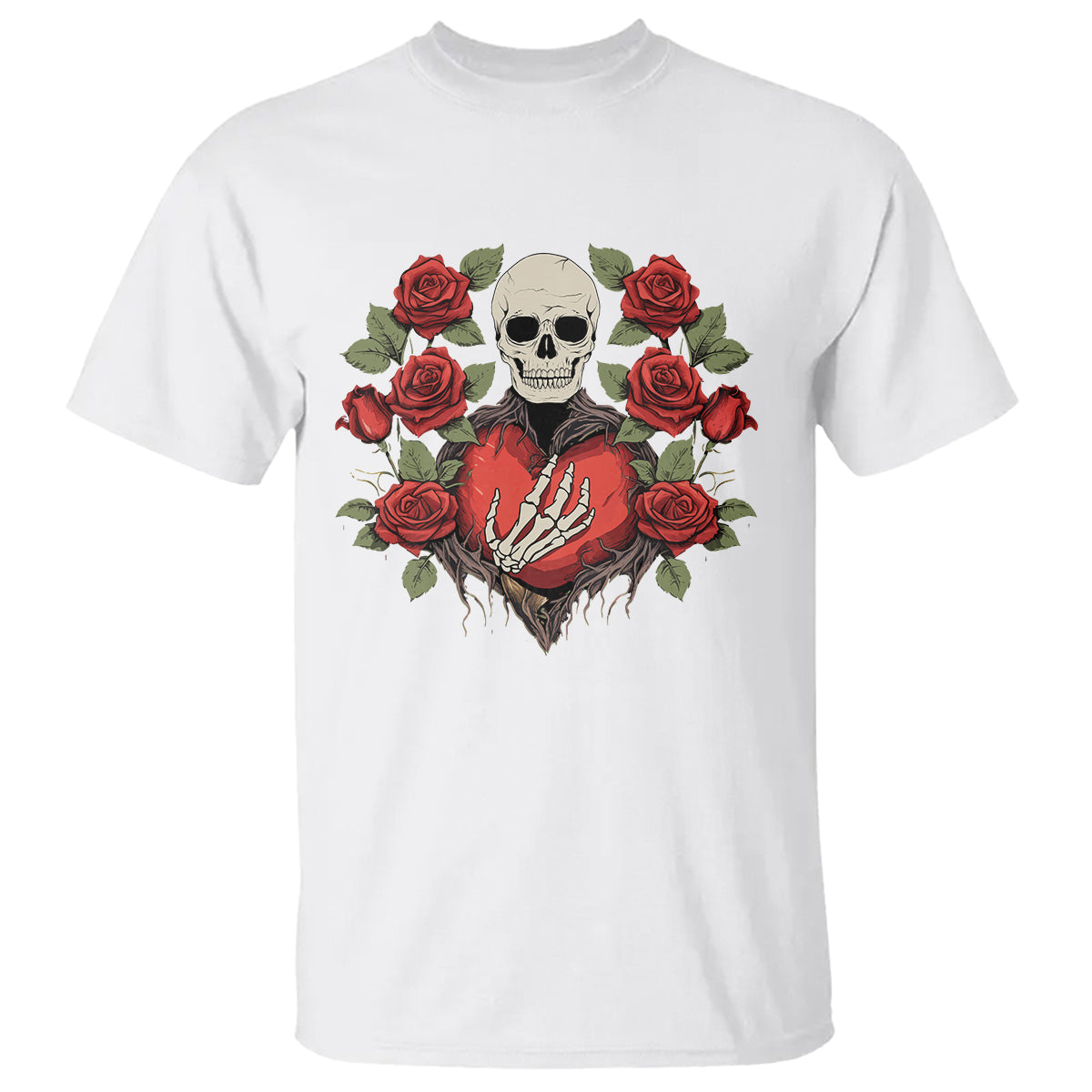 Valentine's Day T Shirt Skeleton Hand Heart Sign Red Rose Flower Gothic - Wonder Print Shop
