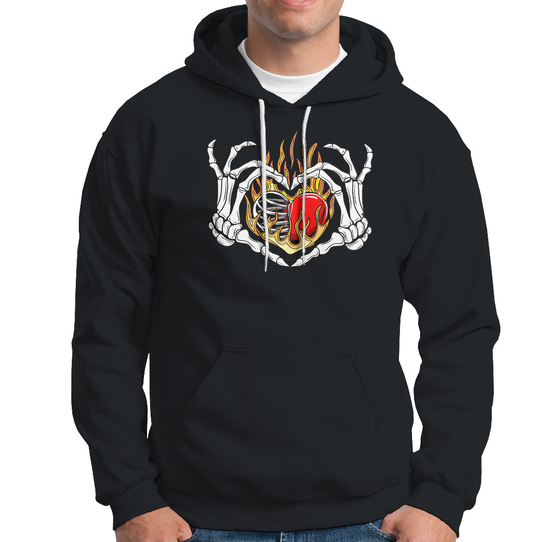 Valentine's Day Hoodie Skeleton Hand Love Sign Holding Fire Red Heart - Wonder Print Shop