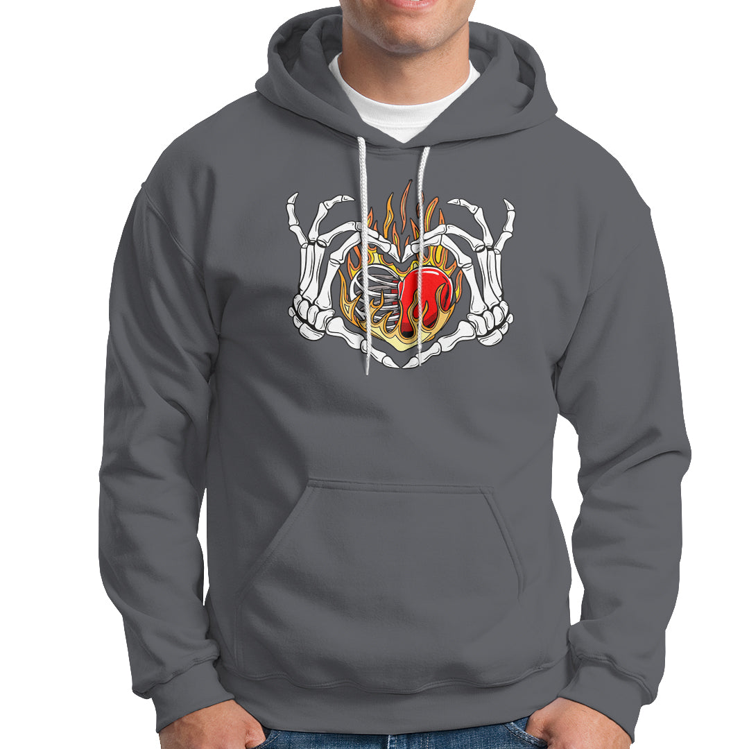 Valentine's Day Hoodie Skeleton Hand Love Sign Holding Fire Red Heart - Wonder Print Shop