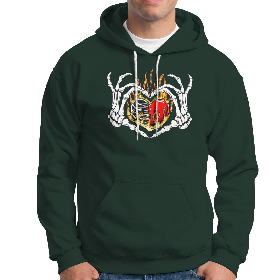 Valentine's Day Hoodie Skeleton Hand Love Sign Holding Fire Red Heart - Wonder Print Shop