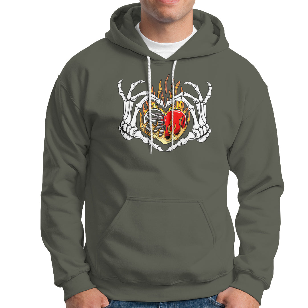 Valentine's Day Hoodie Skeleton Hand Love Sign Holding Fire Red Heart - Wonder Print Shop