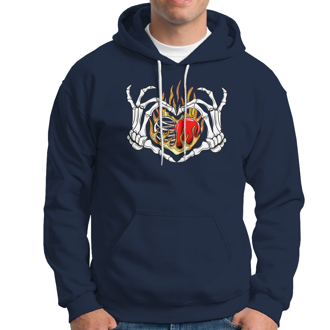 Valentine's Day Hoodie Skeleton Hand Love Sign Holding Fire Red Heart - Wonder Print Shop