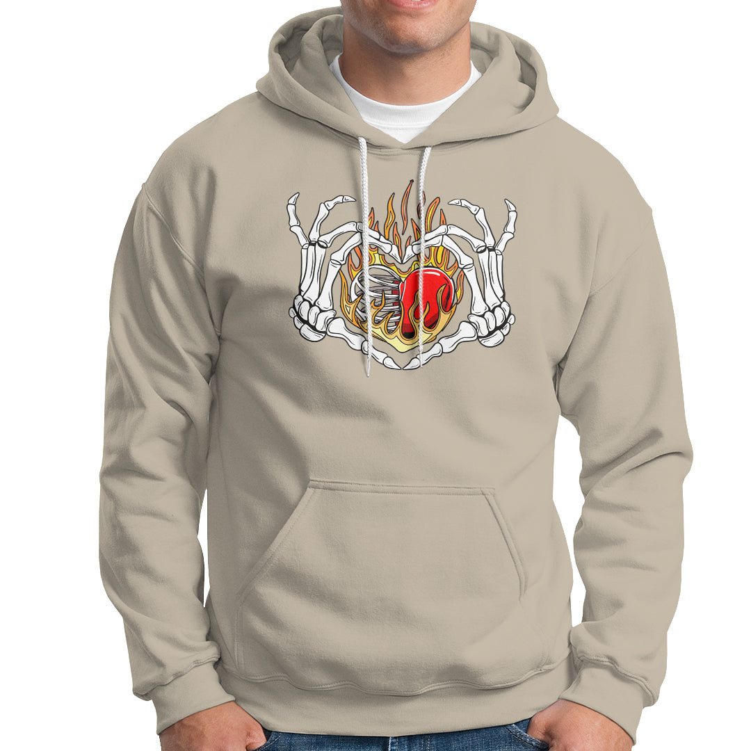 Valentine's Day Hoodie Skeleton Hand Love Sign Holding Fire Red Heart - Wonder Print Shop