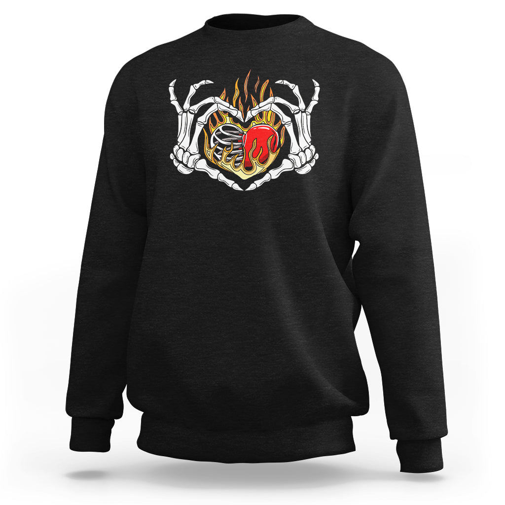 Valentine's Day Sweatshirt Skeleton Hand Love Sign Holding Fire Red Heart - Wonder Print Shop