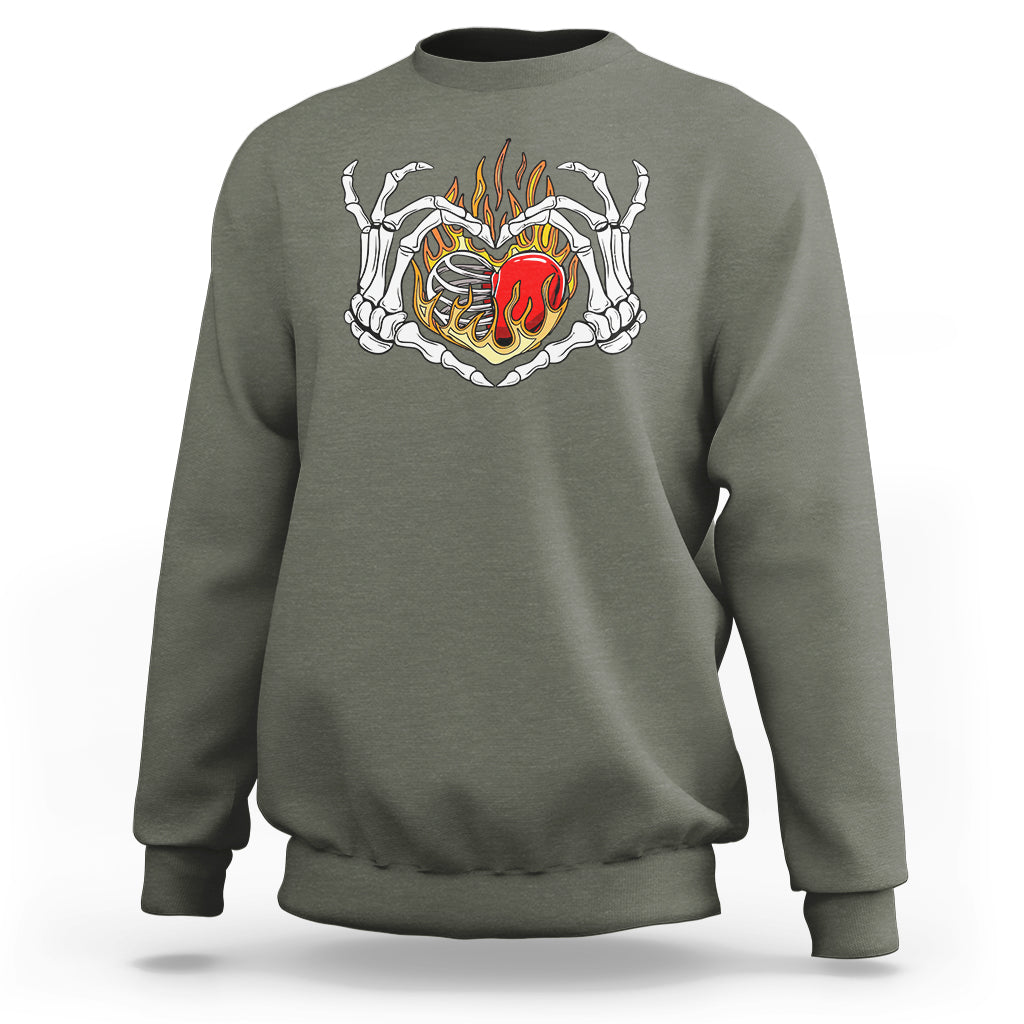 Valentine's Day Sweatshirt Skeleton Hand Love Sign Holding Fire Red Heart - Wonder Print Shop