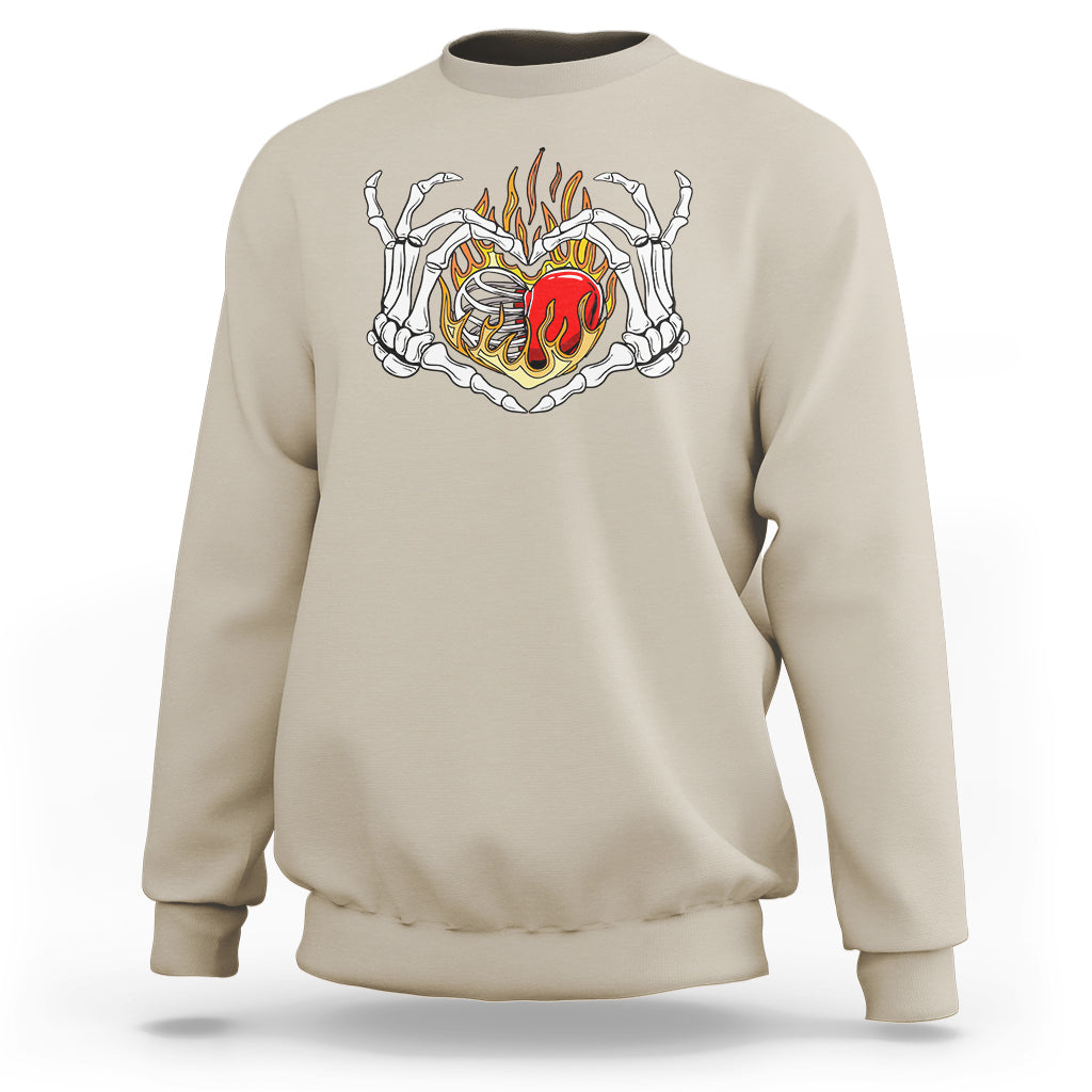 Valentine's Day Sweatshirt Skeleton Hand Love Sign Holding Fire Red Heart - Wonder Print Shop