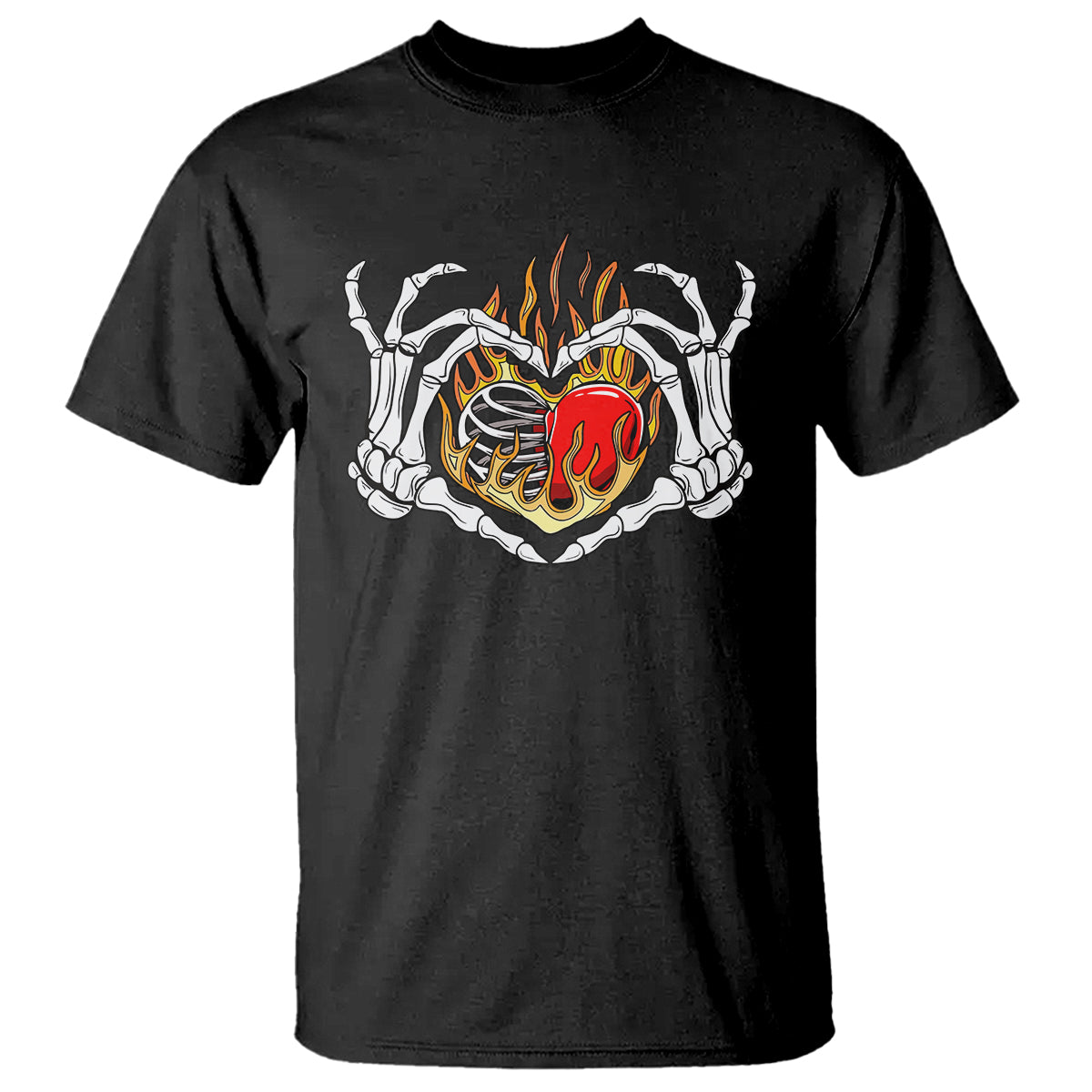 Valentine's Day T Shirt Skeleton Hand Love Sign Holding Fire Red Heart - Wonder Print Shop