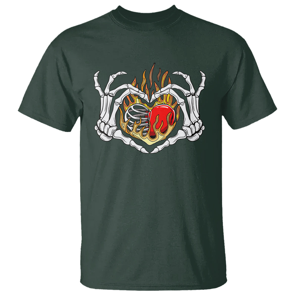 Valentine's Day T Shirt Skeleton Hand Love Sign Holding Fire Red Heart - Wonder Print Shop