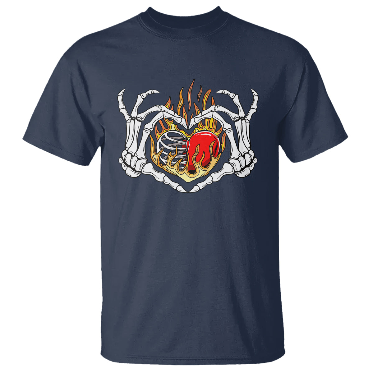 Valentine's Day T Shirt Skeleton Hand Love Sign Holding Fire Red Heart - Wonder Print Shop