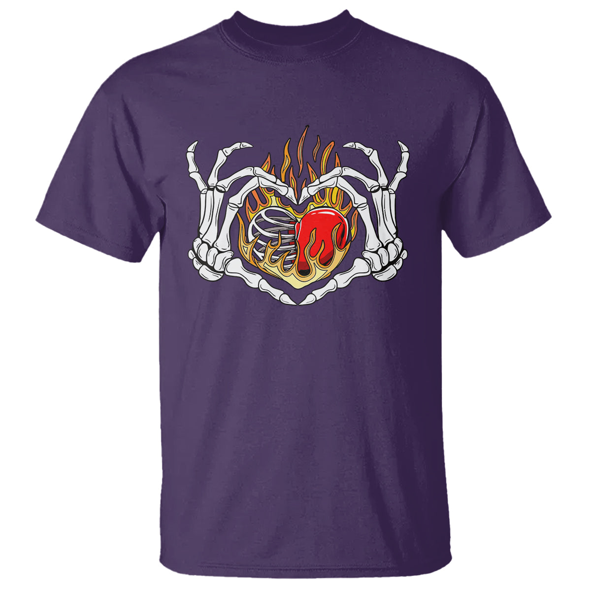 Valentine's Day T Shirt Skeleton Hand Love Sign Holding Fire Red Heart - Wonder Print Shop