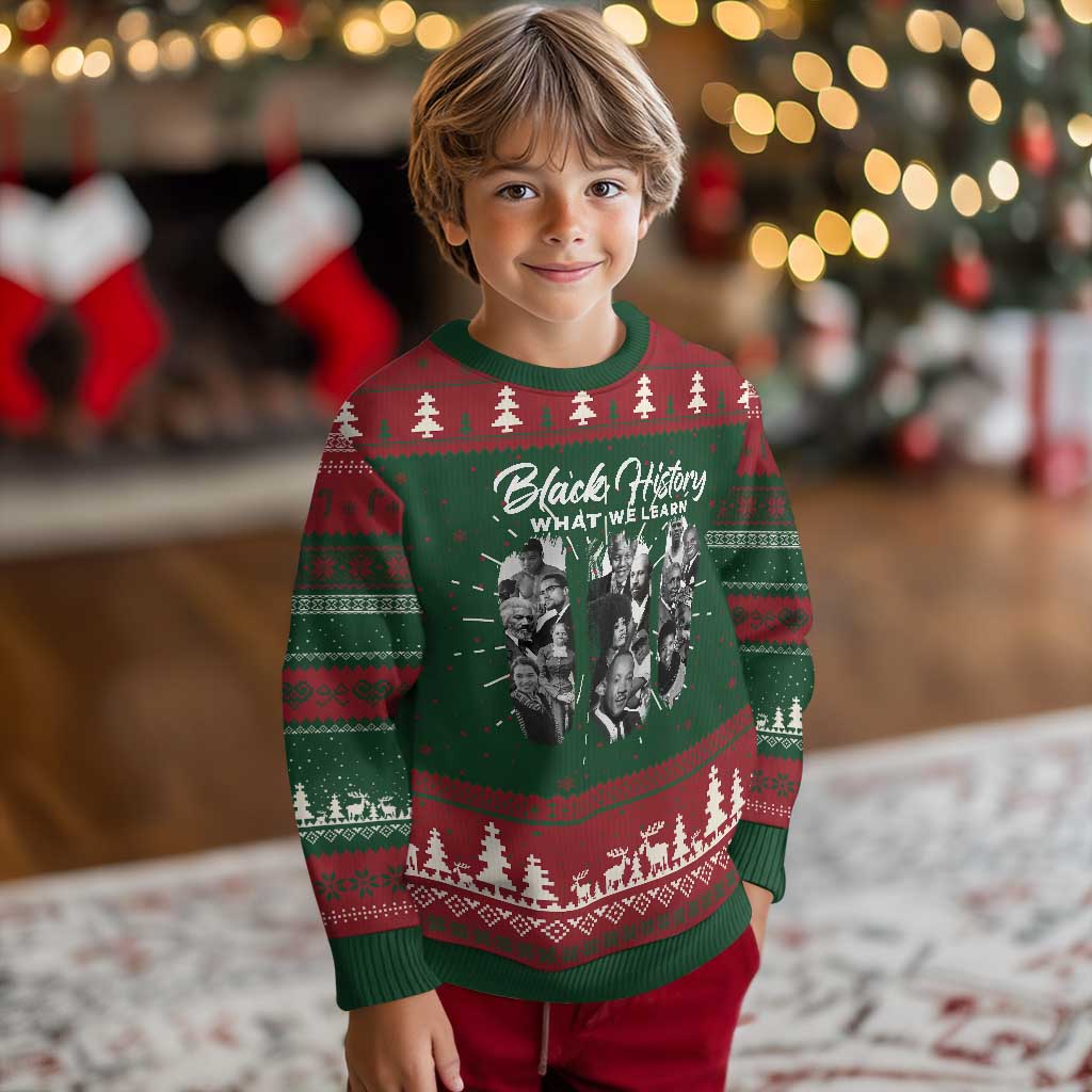 What We Learn From Black History Ugly Christmas Sweater Martin Malcolm Harriet Angela Rosa Frederick