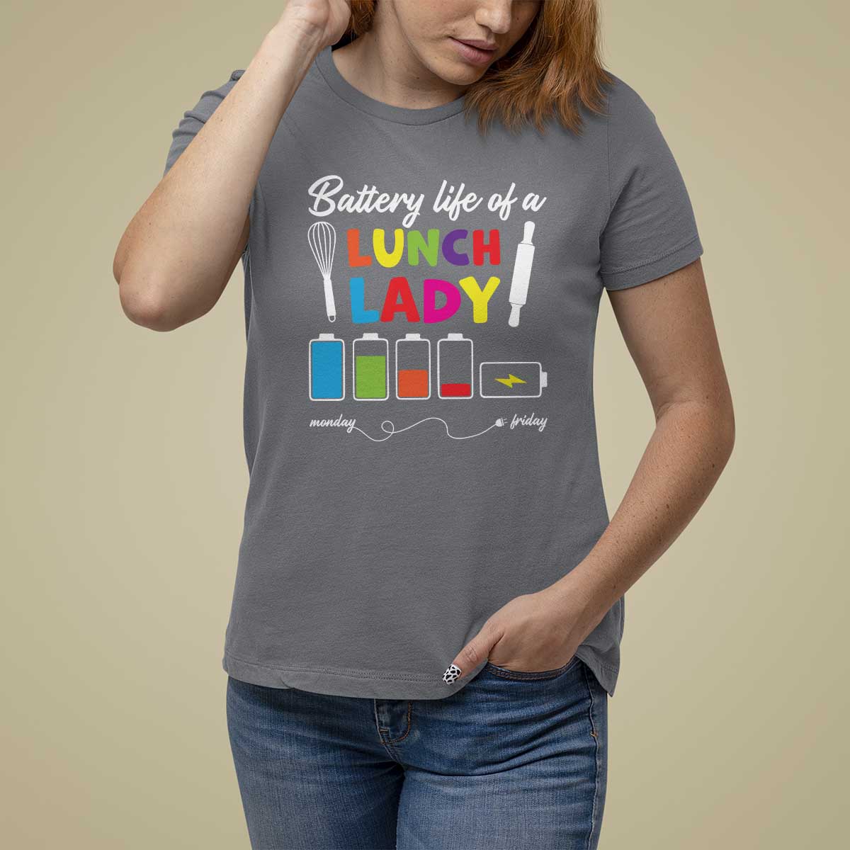 Funny Battery Life Of A Lunch Lady T Shirt For Women - Wonder Print Shop