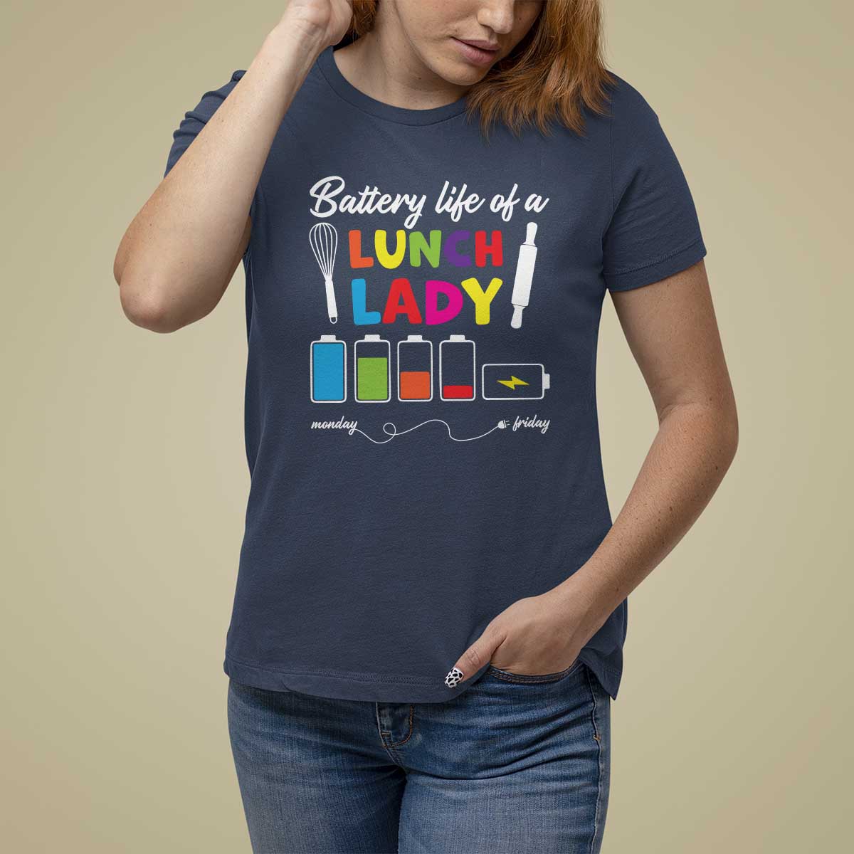 Funny Battery Life Of A Lunch Lady T Shirt For Women - Wonder Print Shop
