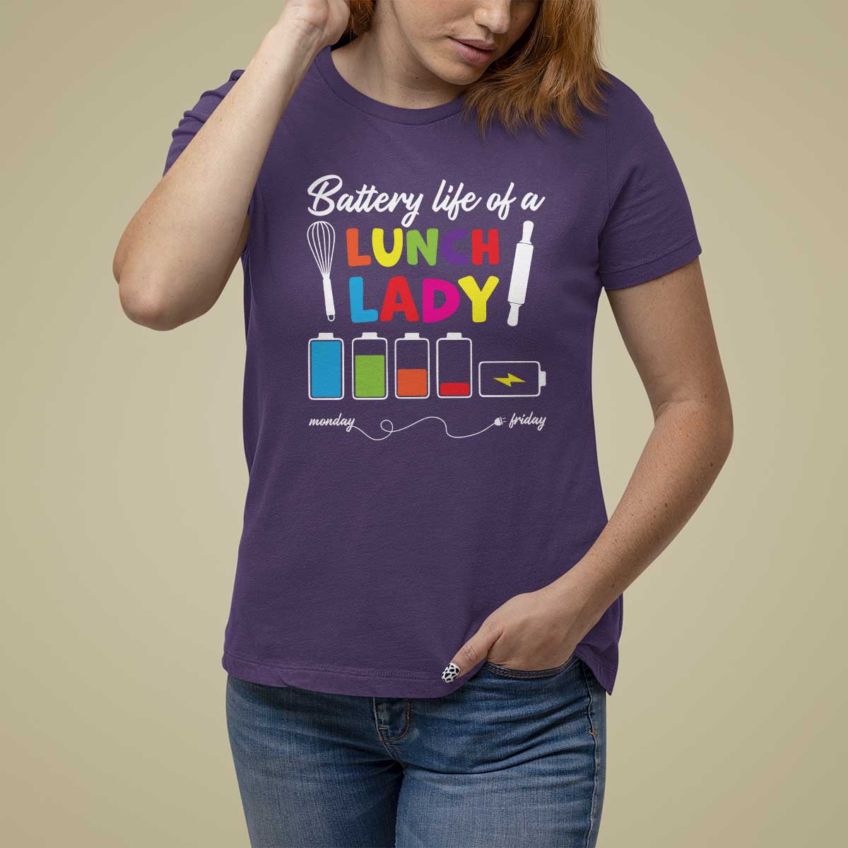 Funny Battery Life Of A Lunch Lady T Shirt For Women - Wonder Print Shop