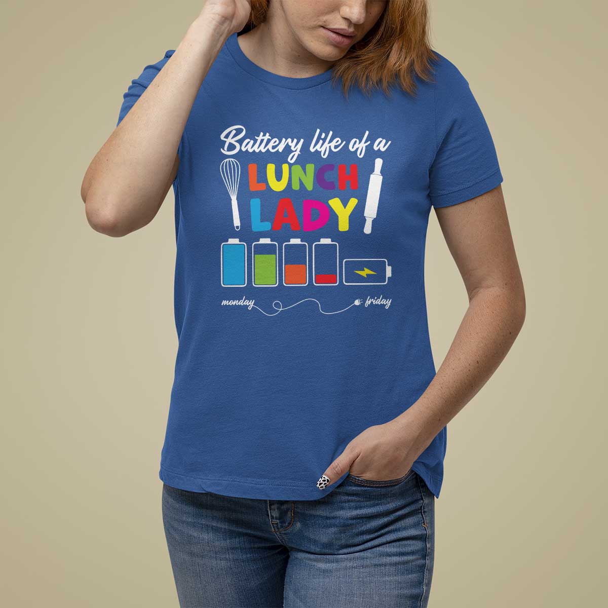 Funny Battery Life Of A Lunch Lady T Shirt For Women - Wonder Print Shop