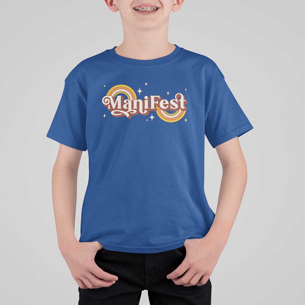 Manifest T Shirt For Kid Retro Groovy Rainbow Law Of Attraction