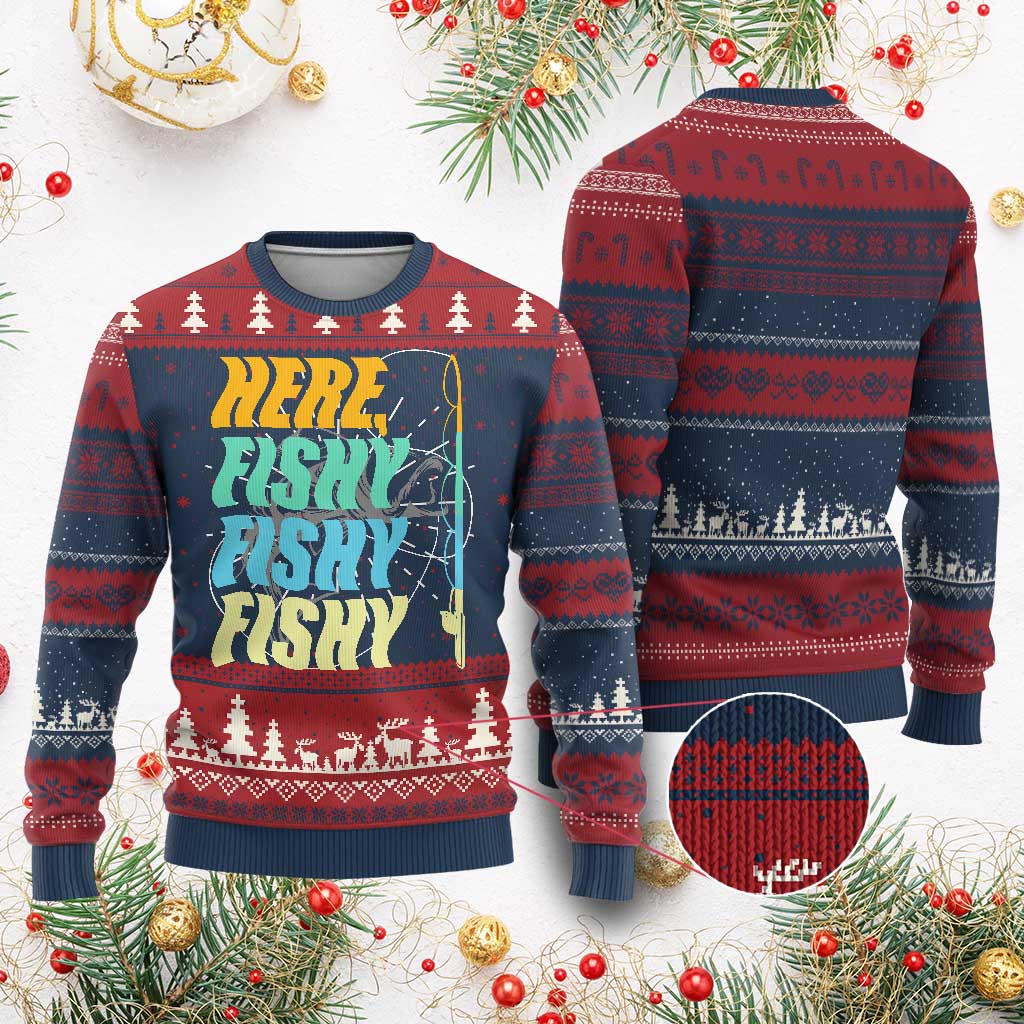 Here Fishy Fisherman Fishing Sport Angler Ugly Christmas Sweater - Wonder Print Shop