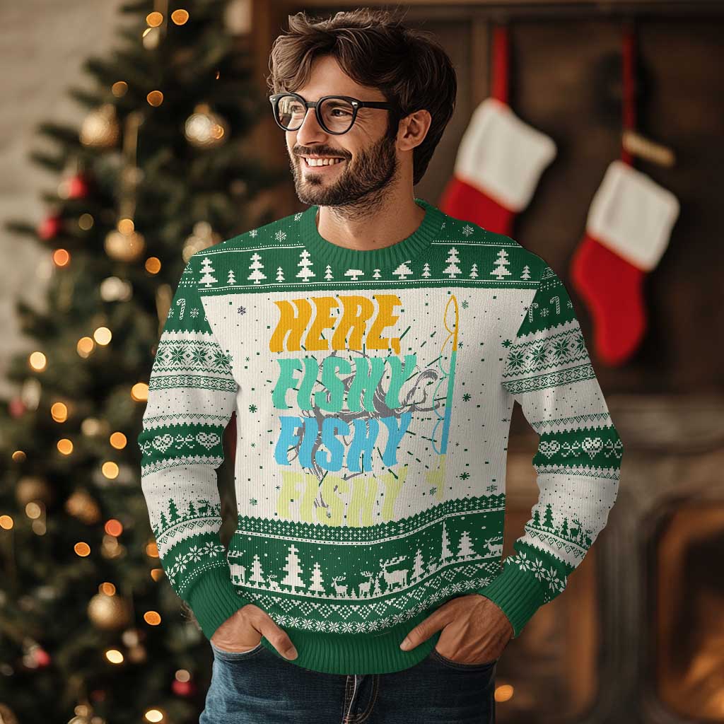 Here Fishy Fisherman Fishing Sport Angler Ugly Christmas Sweater - Wonder Print Shop