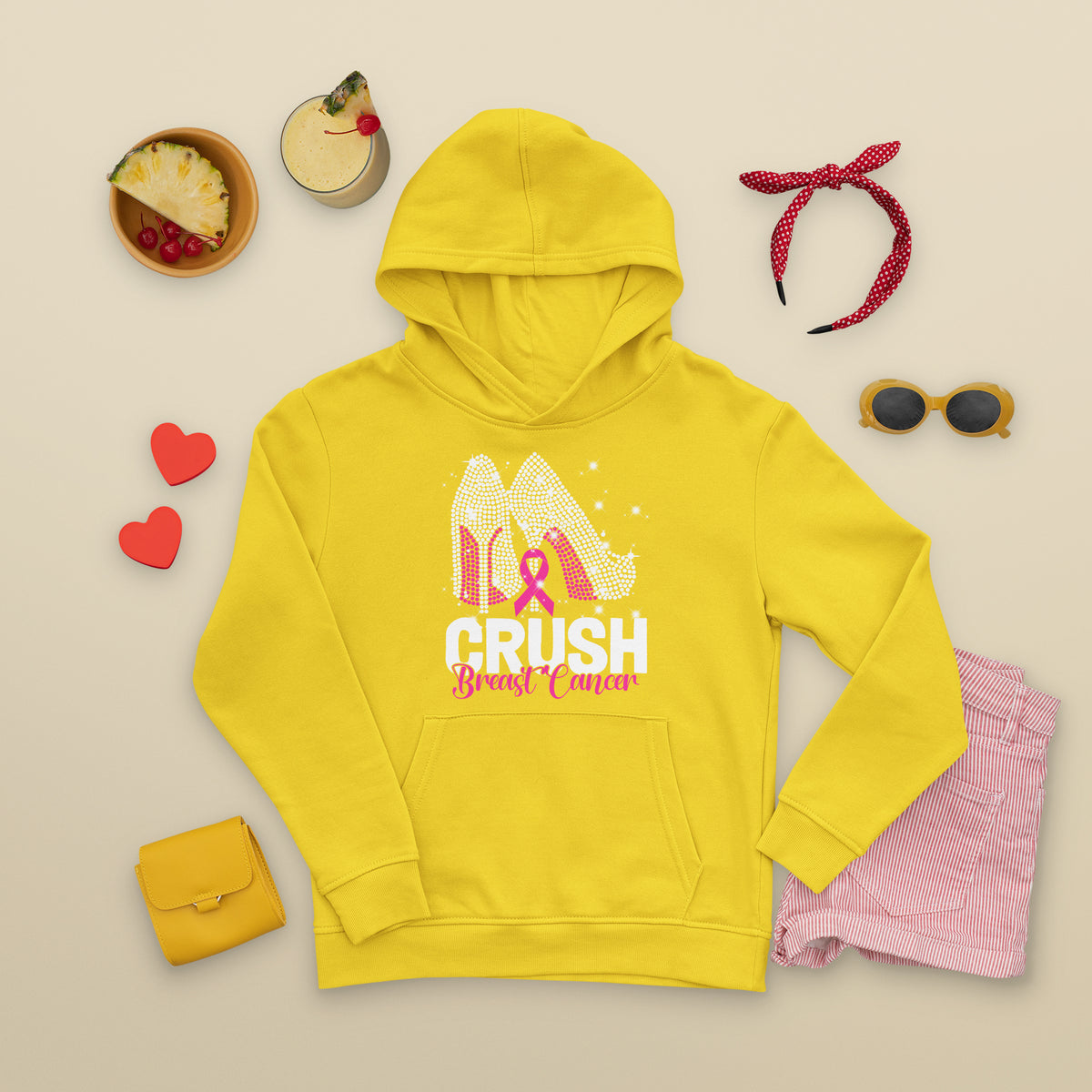 Crush Breast Cancer Awareness Hoodie Bling High Heels Pink Ribbon - Wonder Print Shop