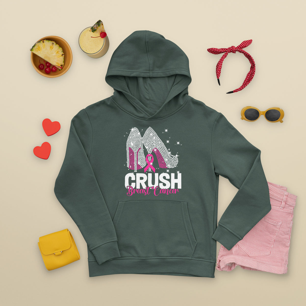 Crush Breast Cancer Awareness Hoodie Bling High Heels Pink Ribbon - Wonder Print Shop