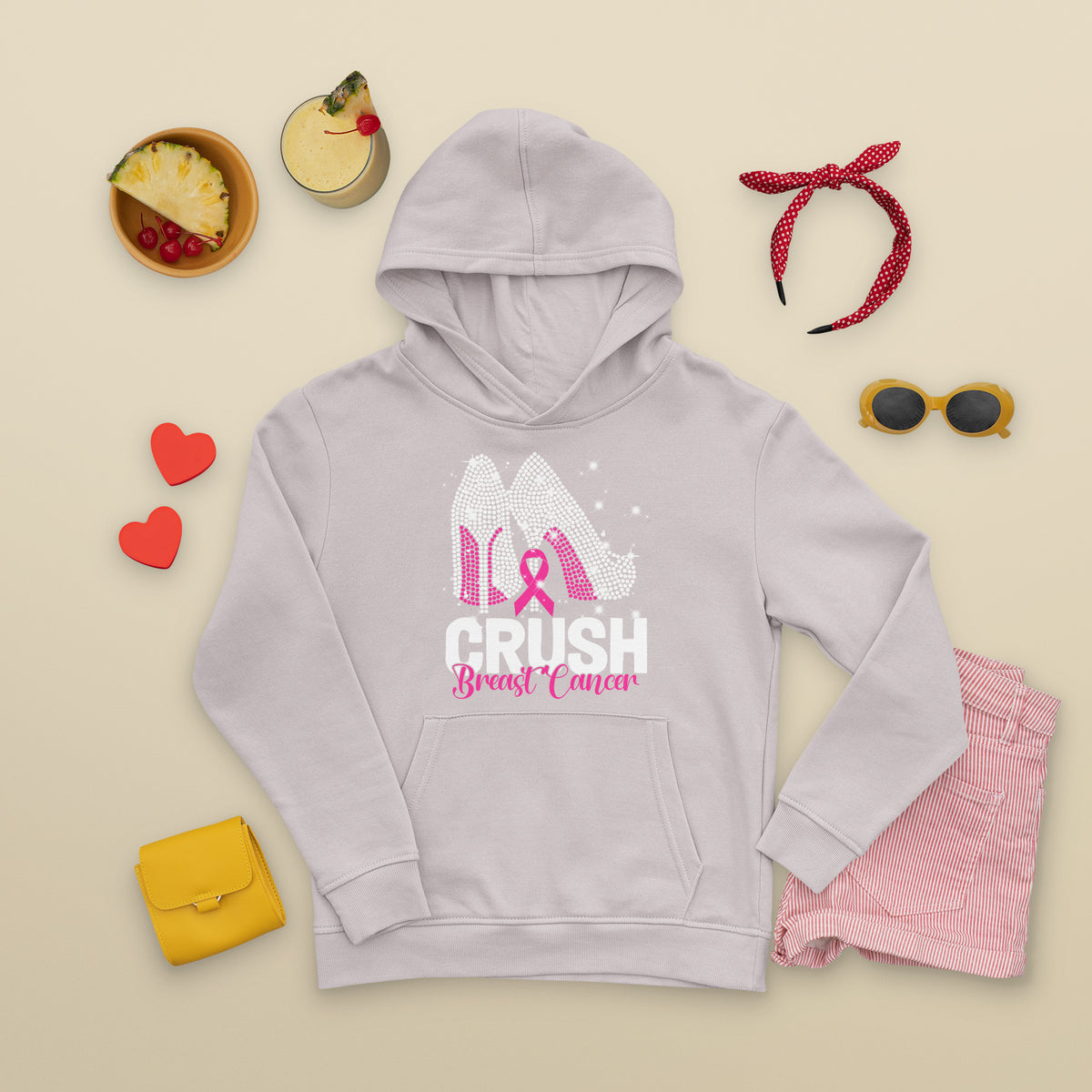 Crush Breast Cancer Awareness Hoodie Bling High Heels Pink Ribbon - Wonder Print Shop