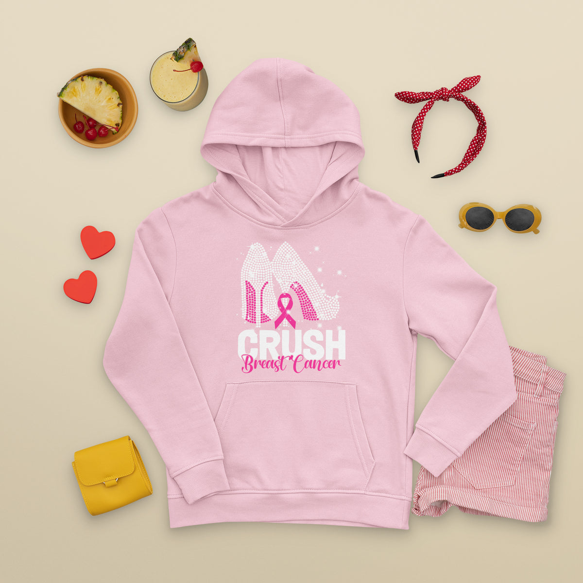 Crush Breast Cancer Awareness Hoodie Bling High Heels Pink Ribbon - Wonder Print Shop