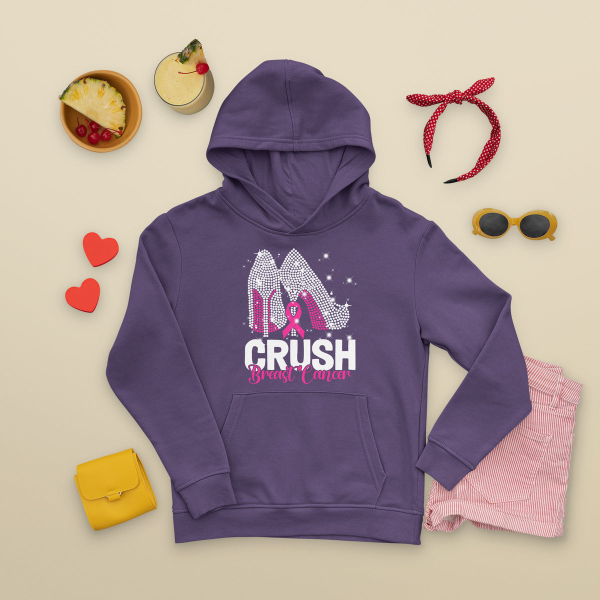 Crush Breast Cancer Awareness Hoodie Bling High Heels Pink Ribbon - Wonder Print Shop